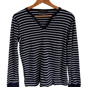 Lauren Ralph Lauren Blue and White Striped V-Neck Top